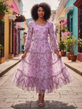 Ivy City Lavender Purple Sheer Tiered Ruffle Floral Long Sleeve Dress Cottage 3X